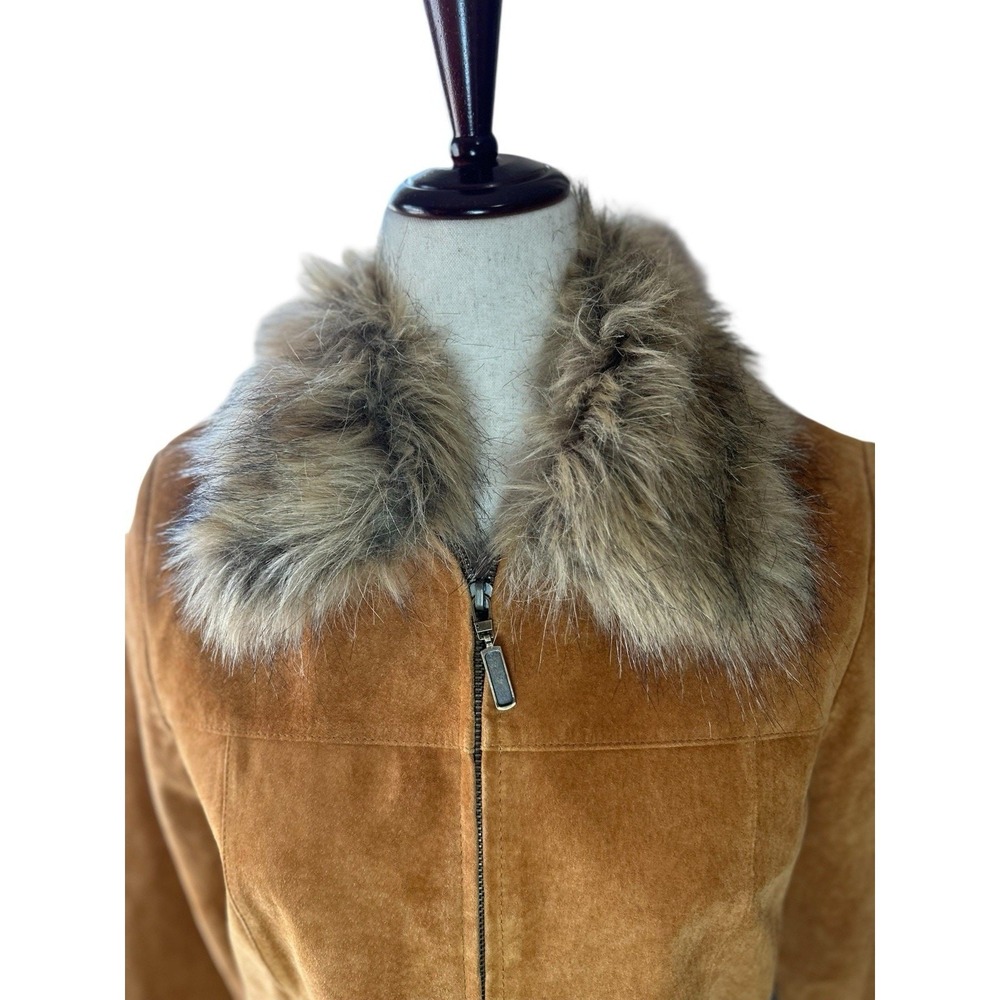 Vtg Fur Collar Suede Leather Camel Brown Jacket Boho Cowgirl Moto Size Small - Picture 4 of 14